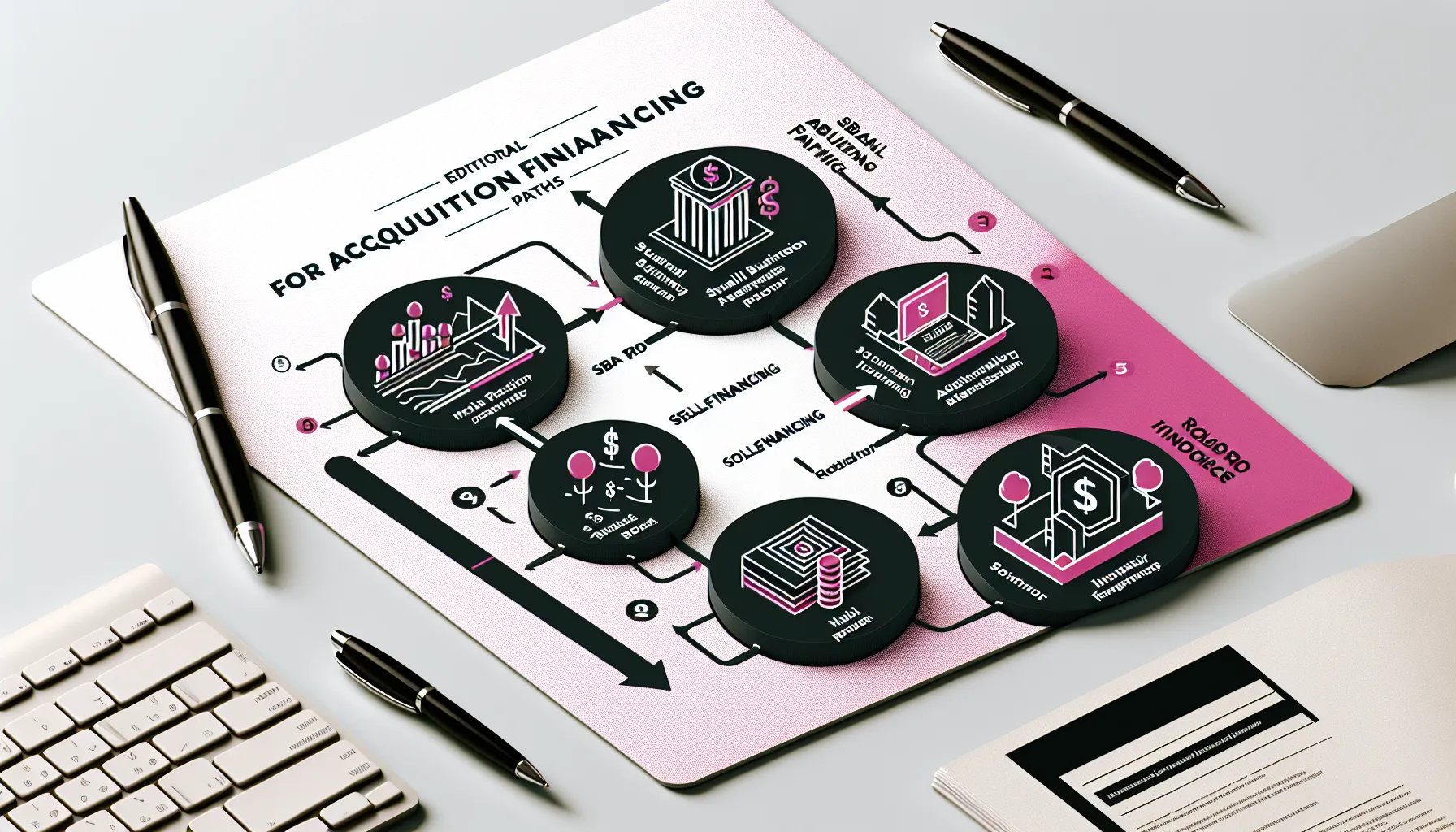 Editorial infographic showing four acquisition financing paths: SBA, seller financing, hybrid, and ROBS as a flowchart in black, white, and magenta