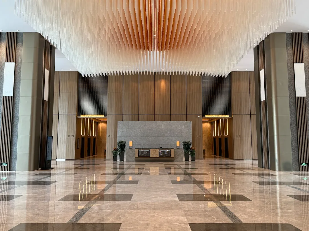 Empty corporate bank lobby representing impersonal large institution banking