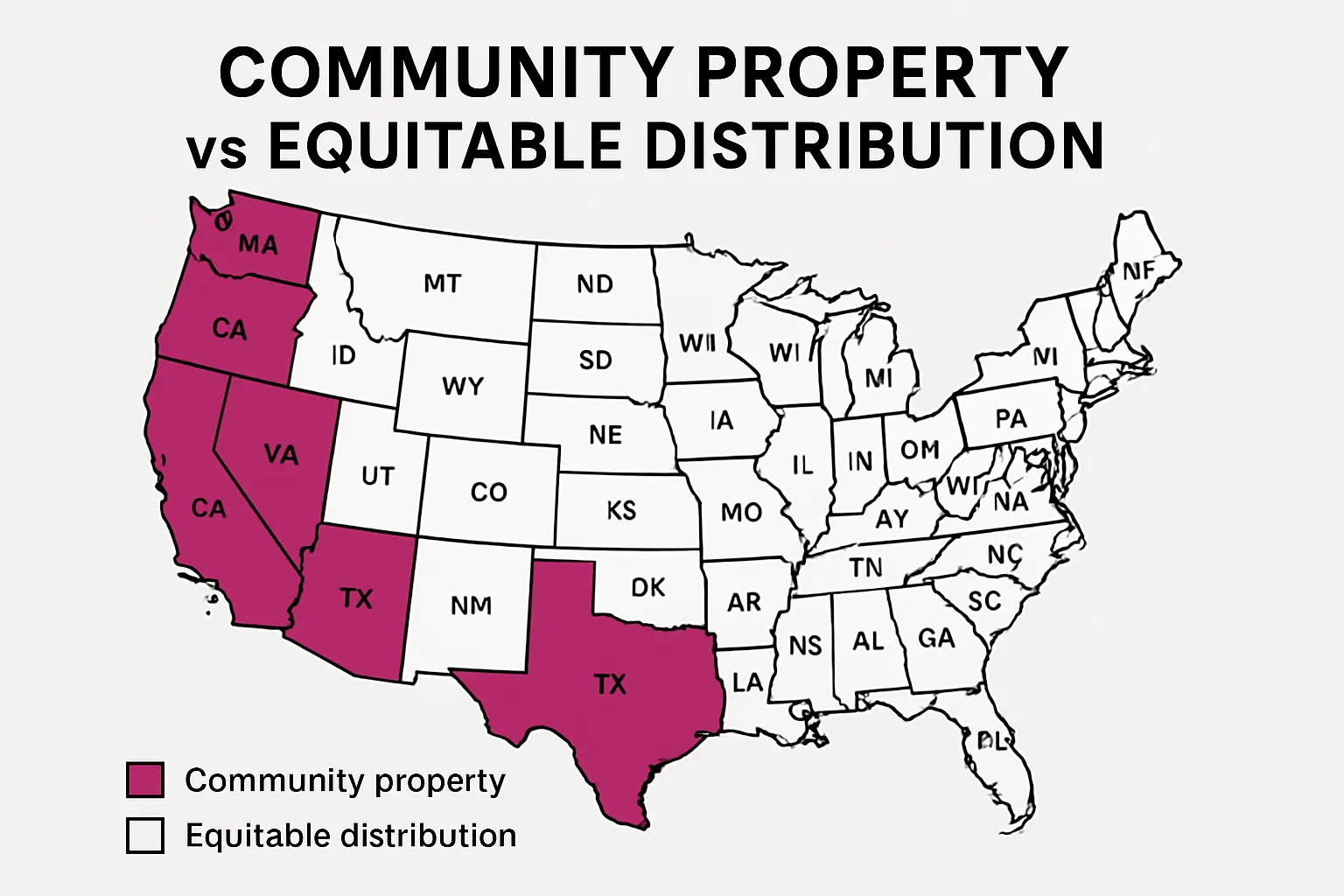 Infographic showing community property vs equitable distribution states across the US