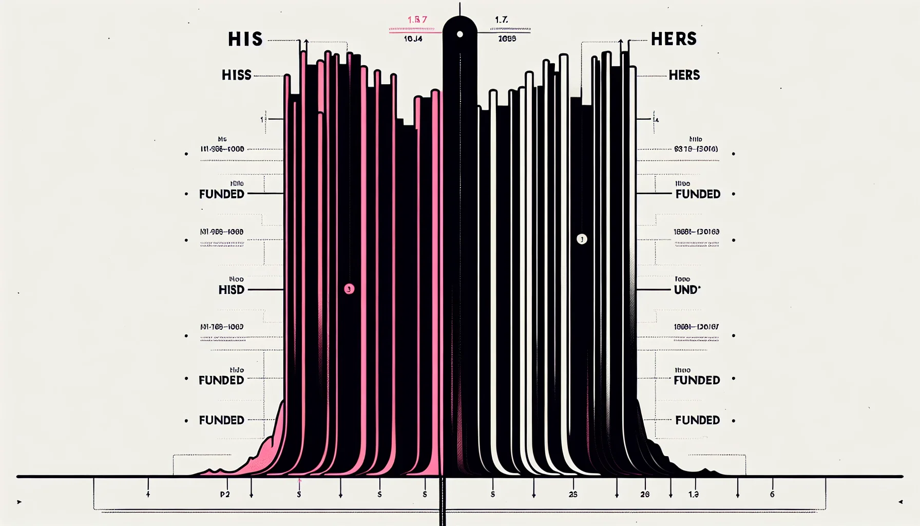Editorial infographic showing two parallel timelines — one shorter labeled his and one 1.7x longer labeled hers — both leading to the same funded endpoint, in black white and magenta