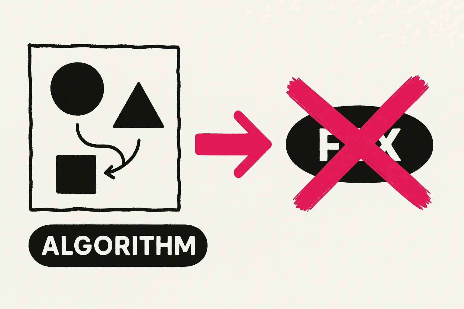 Abstract visualization of an algorithm correction being crossed out — the fix becomes illegal
