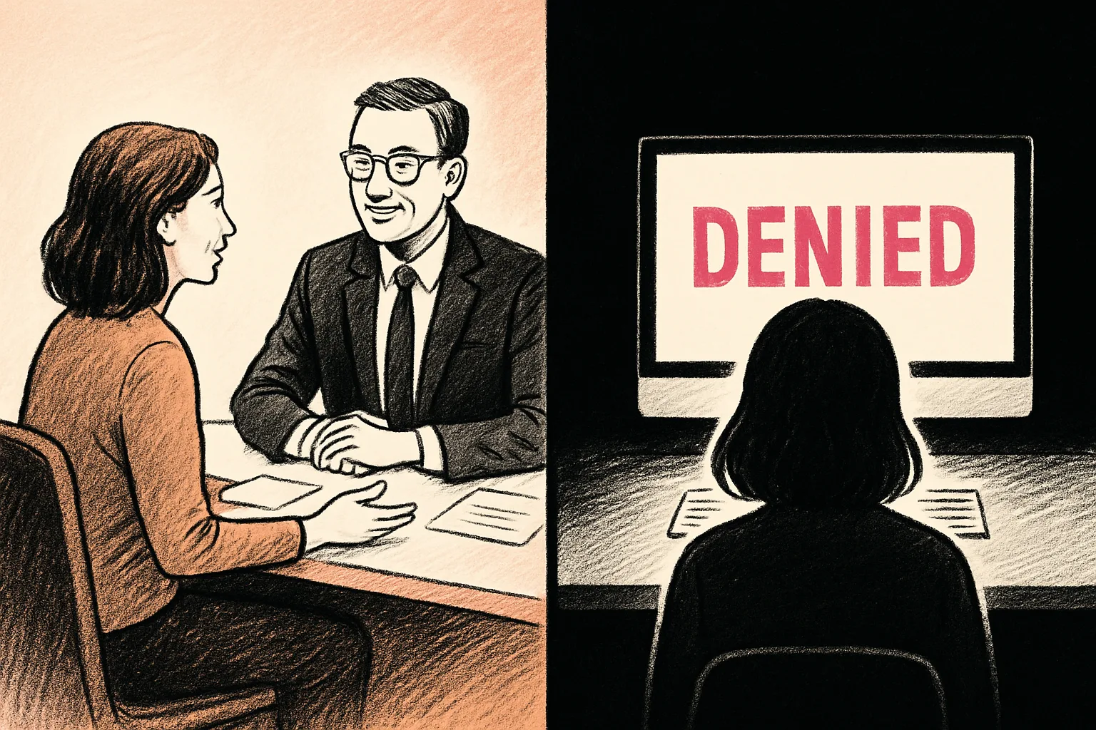 Illustration contrasting relationship lending with algorithmic denial