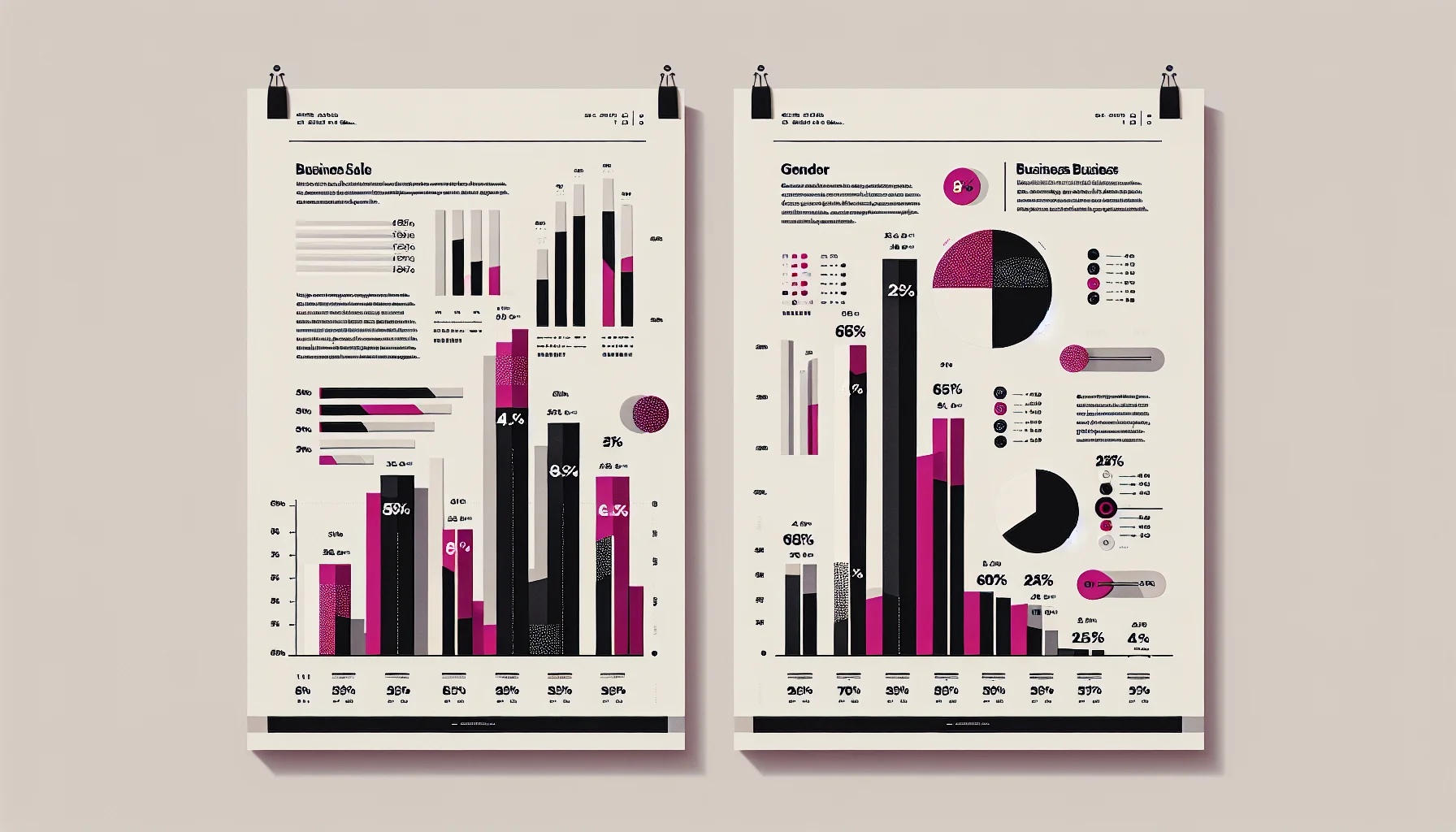Editorial infographic comparing business sale prices by gender with bar charts in black, white, and magenta