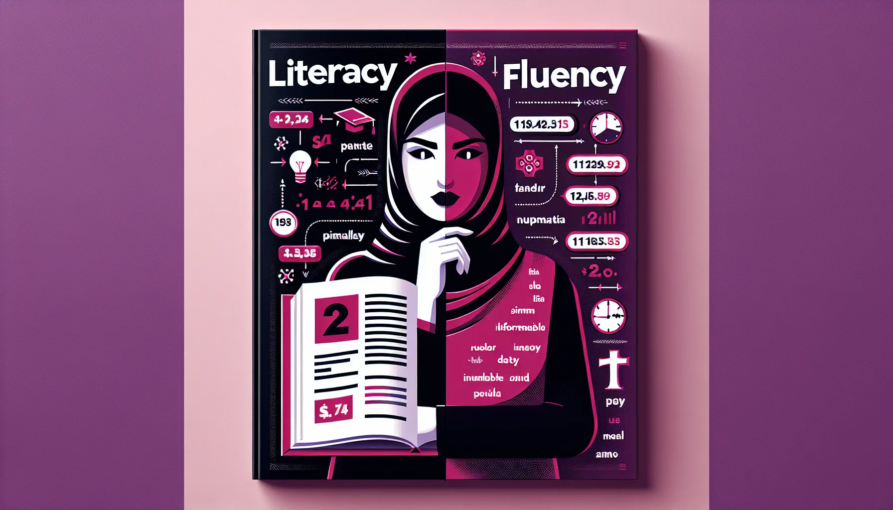 Editorial illustration comparing financial literacy (a textbook with terms) versus financial fluency (a woman making confident decisions)