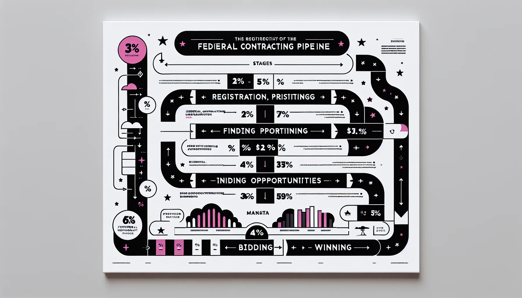 Federal contracting pipeline showing five stages from registration to winning