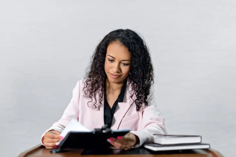 Woman carefully reviewing loan documents before signing