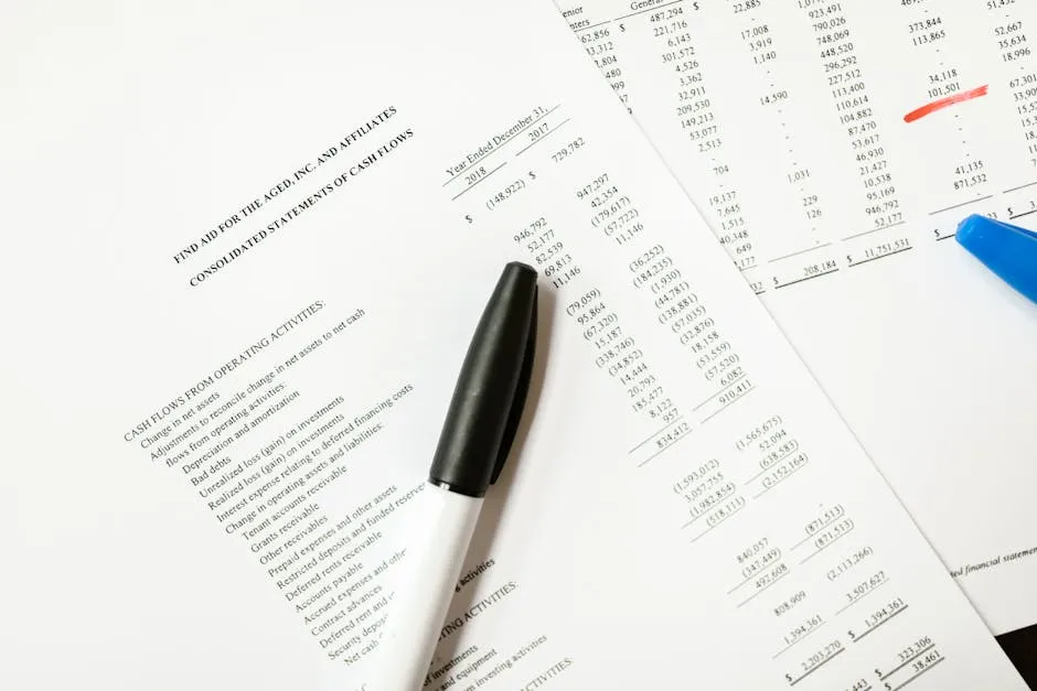 Close-up of a profit and loss statement with pen and calculator