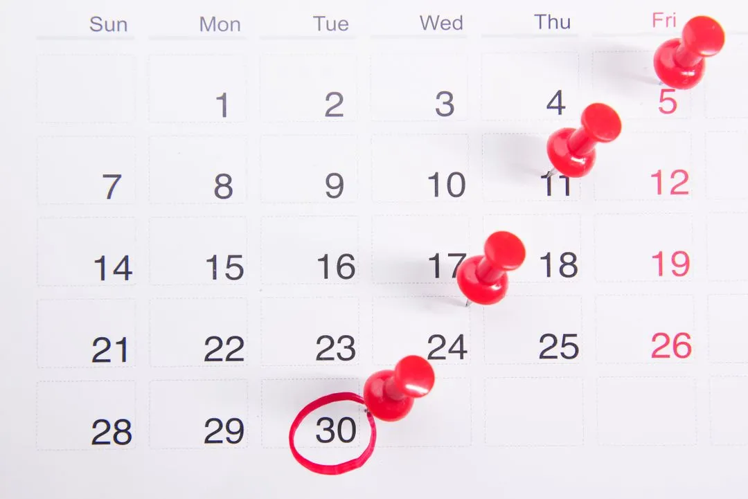 Calendar with red pins marking important deadlines