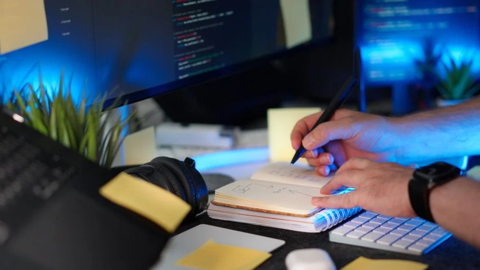 Woman at laptop researching government website and planning